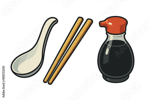 Set of traditional East Asian dining implements including wooden chopsticks, ceramic spoon, and glass soy sauce bottle