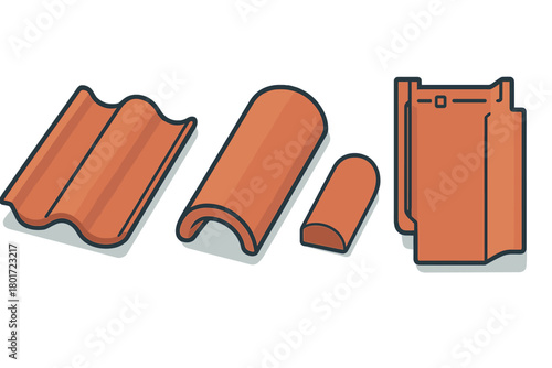 Assortment of terracotta roof tile shapes and construction components