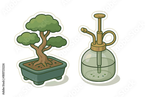 Bonsai tree in pot with vintage plant mister sprayer set