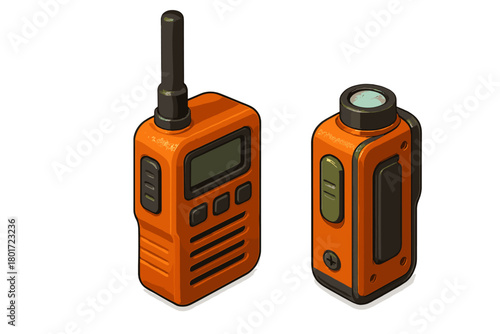 Isometric set of orange handheld communication radio and compact electronic device
