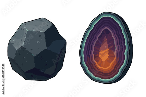 Rough stone and colorful polished agate geode cross section comparison
