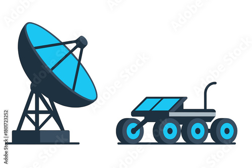 Futuristic communication dish and planetary rover concept for space exploration