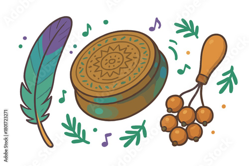 Stylized Native American musical instruments and decorative feather elements