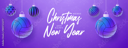 volleyball Christmas and New Year sport banner. Merry Christmas tech greeting card with xmas ball as a bauble on purple neon background. Vector illustration