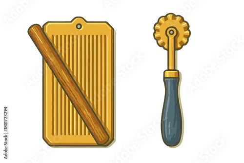 Traditional Italian gnocchi board and wooden dowel alongside a pasta cutter wheel