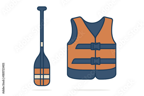 Canoe Paddle and Orange Life Vest Safety Gear