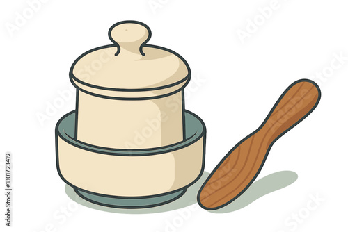 Ceramic sourdough starter jar with wooden spatula for baking