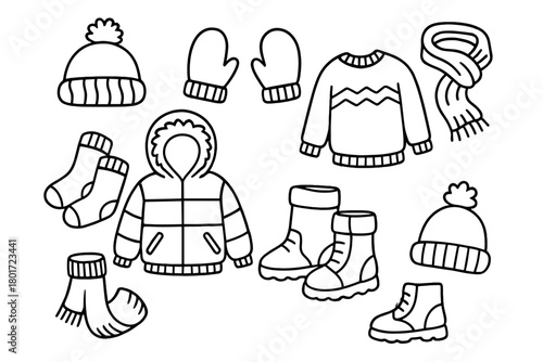 Collection of winter clothing and accessories outline icons for cold weather