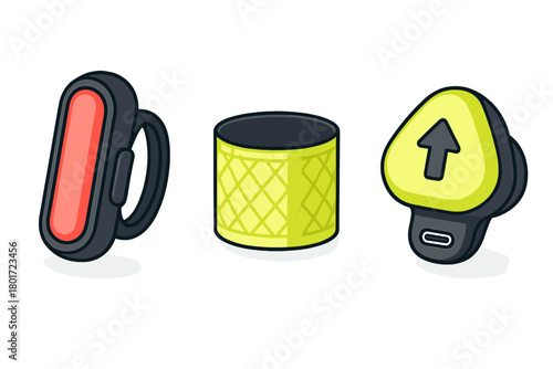 Three modern electronic device icons: fitness tracker, smart speaker, and charging accessory