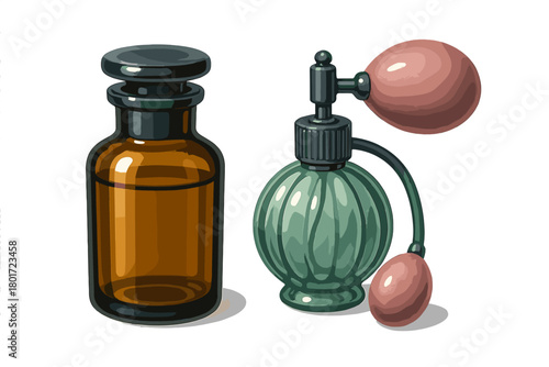 Amber glass vial and vintage perfume atomizer set