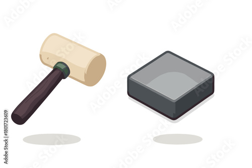 Isometric rubber mallet beside square paving stone element