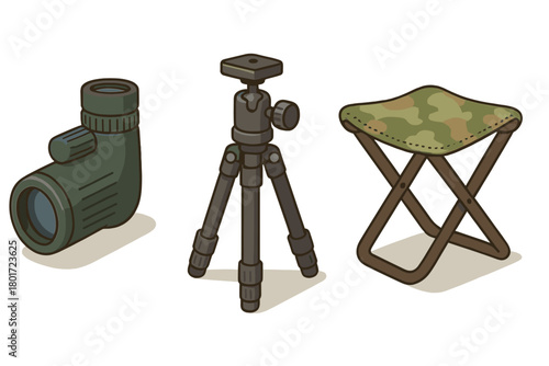 Monocular tripod and folding camouflage stool for outdoor use