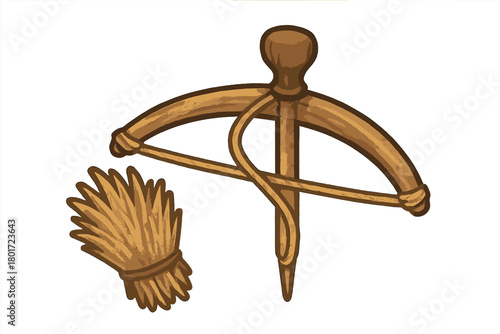 Simple wooden crossbow and tied bundle of straw icon