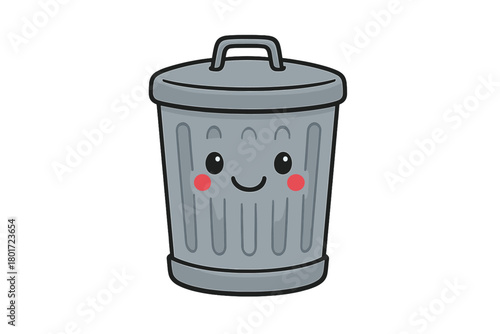 Cute kawaii metal trash can character with happy face and blushing cheeks