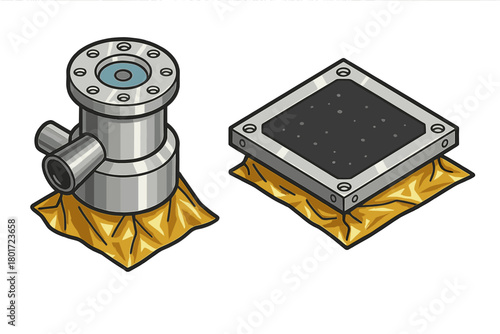 Isometric vacuum system components on crinkled gold thermal insulation