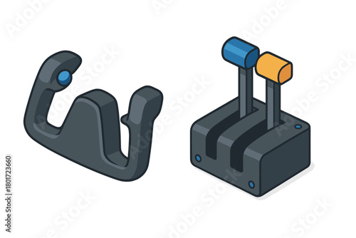 Isometric airplane control yoke and dual throttle quadrant levers