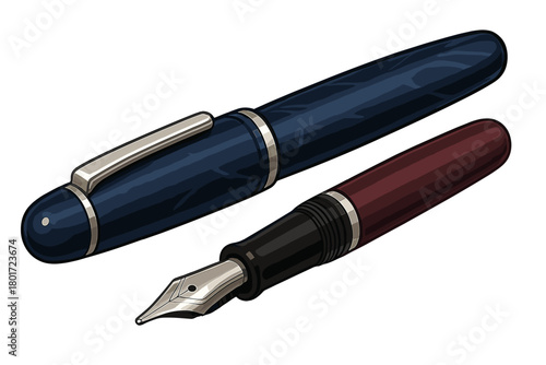 Two luxury fountain pens with metal nibs and marbled dark blue cap
