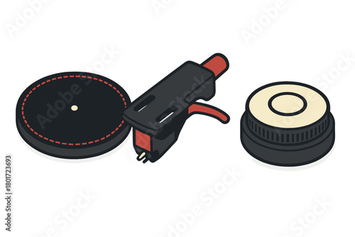 Turntable components including cartridge, platter mat, and counterweight isometric icons