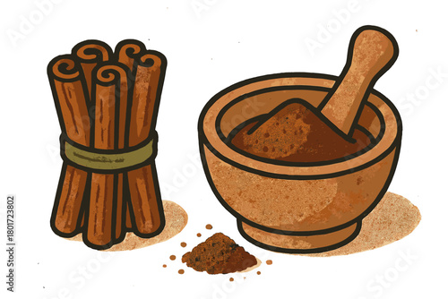 Cinnamon sticks bundle and ground spice in wooden mortar with pestle