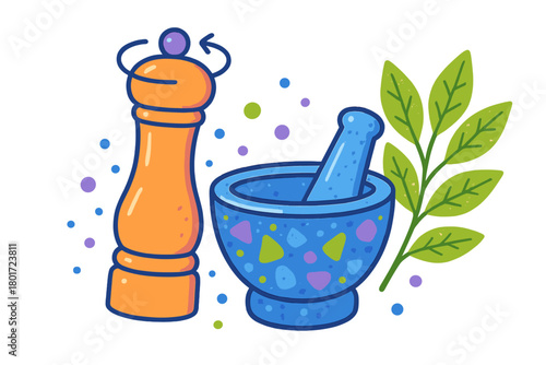 Vibrant pepper mill and mortar with fresh herb sprig for seasoning