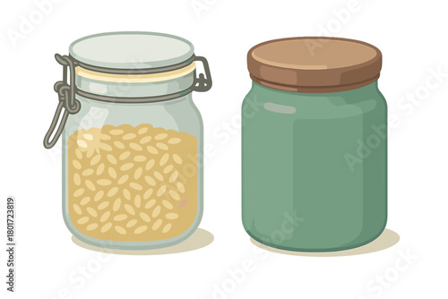 Two kitchen storage jars one with grains and one opaque container