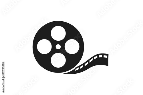 Black and white film reel icon with unwinding movie strip