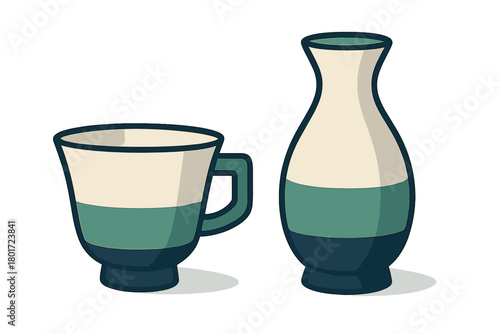 Ceramic coffee mug and sake carafe set in teal and cream colors
