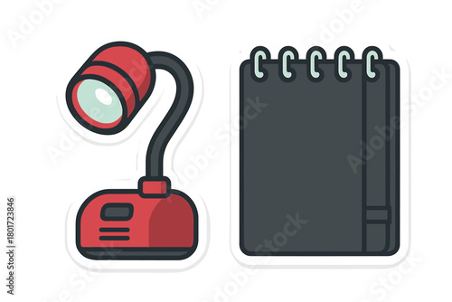 Red flexible desk lamp and spiral bound notebook sticker set
