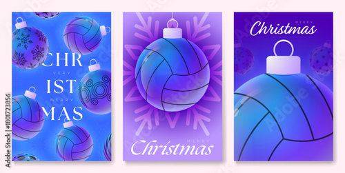 volleyball Christmas and New Year sport banner. Merry Christmas tech greeting card with xmas ball as a bauble on purple neon background. Vector illustration