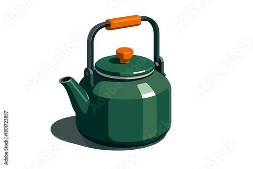 Dark green camping kettle with bright orange handle detail isolated