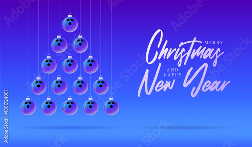 bowling Christmas and New Year sport banner. Merry Christmas tech greeting card with xmas ball as a bauble on purple neon background. Vector illustration