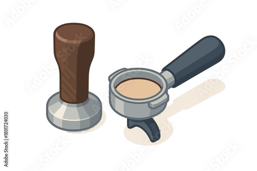 Isometric coffee tamper and portafilter with fresh ground beans