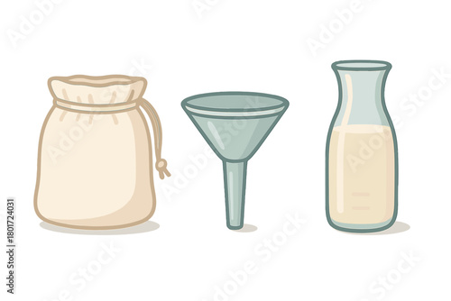 Nut milk making process using cloth bag funnel and glass bottle