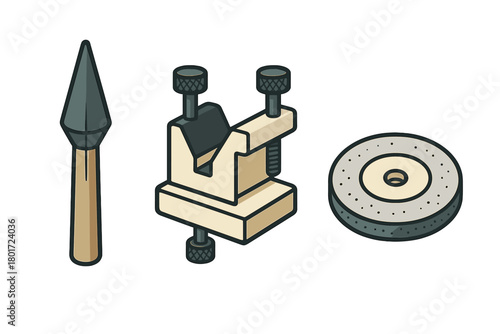 Wall Mural Isometric set of vise clamp, spear point, and ventilated brake rotor icons