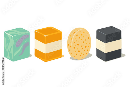 Colorful cosmetic and cleaning sponges assortment in isometric perspective