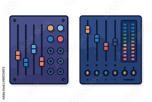 Stylized audio mixing consoles with faders and rotary controls