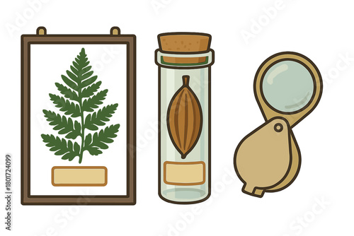 Botanical study set with pressed fern specimen seed pod in vial and magnifying glass