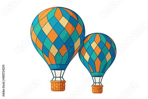 Two colorful hot air balloons with diamond pattern floating