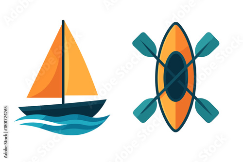 Sailboat and kayak water sport icons for nautical recreation