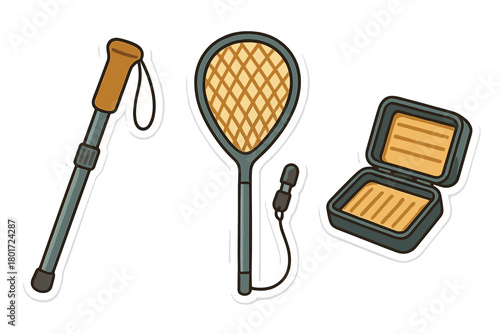 Set of outdoor activity stickers: trekking pole, landing net, and tackle box