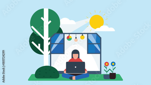 Modern digital illustration of a person sitting comfortably while working on a laptop showcasing a focused and productive individual in a contemporary setting