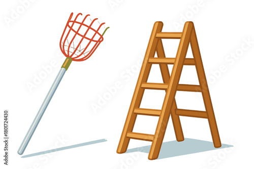 Fruit picking tools including long handled picker and wooden step ladder