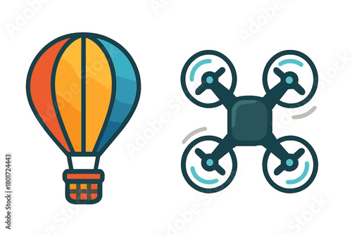 Hot air balloon and quadcopter drone icons for aerial transport