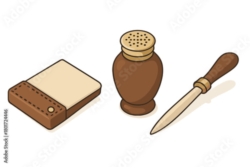 Isometric collection of leather case, spice shaker, and metal letter opener