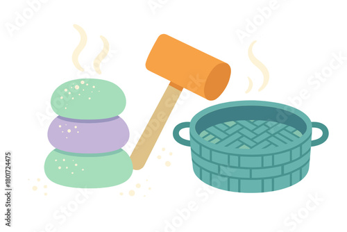 Traditional Japanese mochi pounding process using wooden mallet and steamer