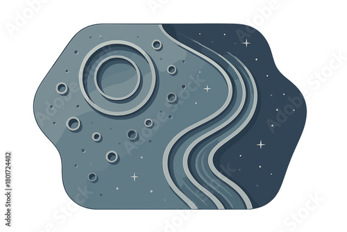 Stylized moon surface with craters and flowing space river abstract design