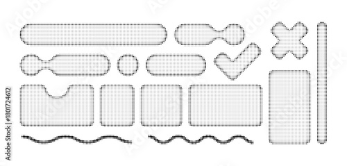 Set of abstract halftone graphic element. Geometric shapes. Memphis design, sticker pack, y2k, aesthetics, brutalism, retro elements, vintage. Vector illustration with wavy and zig zag elements