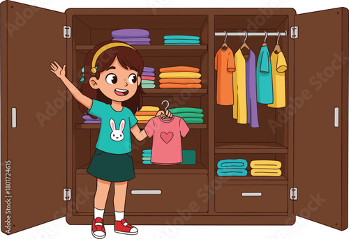Happy cartoon child choosing clothes from wardrobe, cheerful kids vector illustration, organized closet design, playful childhood artwork, colorful clothing storage background