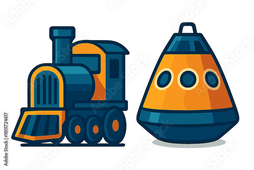 Stylized steam locomotive and space capsule icons in blue and orange colors