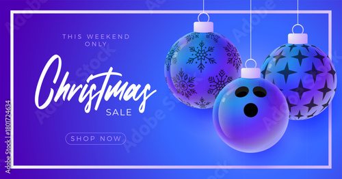 bowling Christmas and New Year sport banner. Merry Christmas tech greeting card with xmas ball as a bauble on purple neon background. Vector illustration